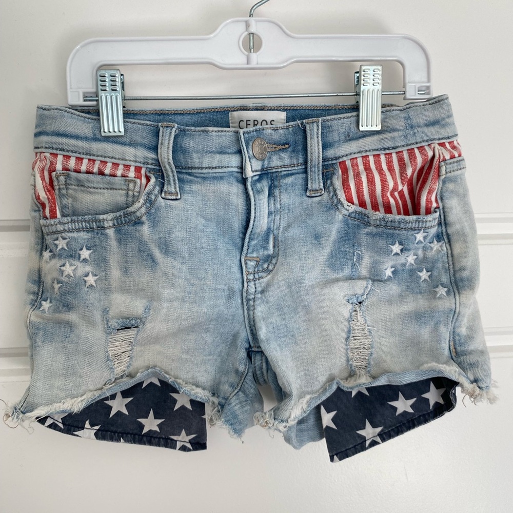 Girls Distressed Denim Shorts - Blue and Red